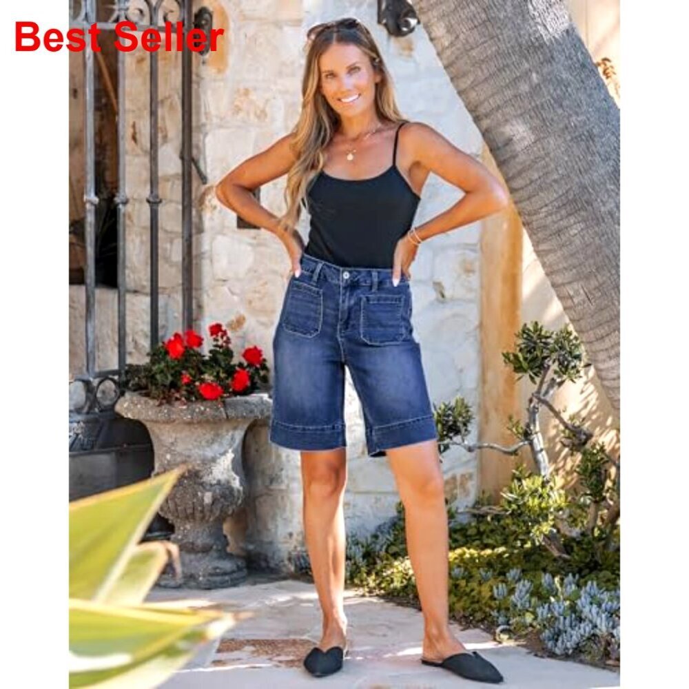 High Waisted Denim Bermuda Shorts with Patch Pockets, Stretchy Fabric - Picture 3 of 7